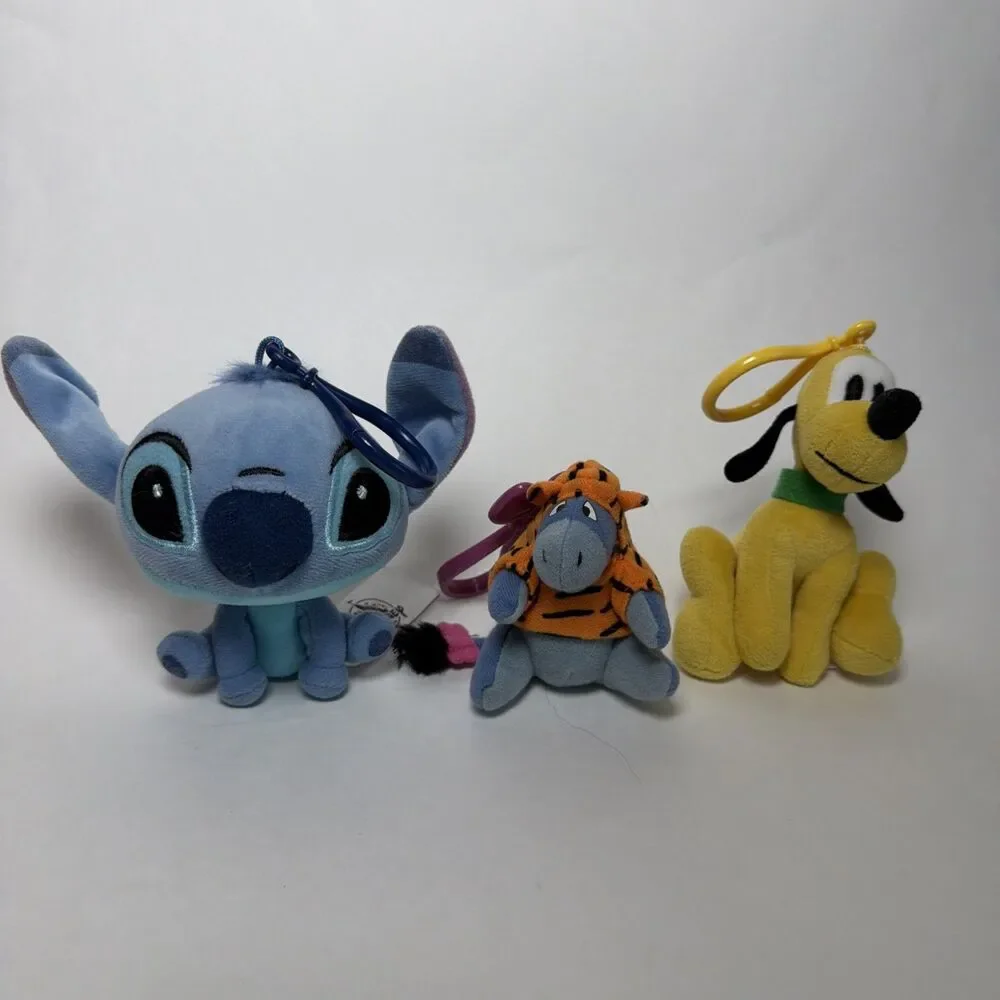 3 Disney Character Plush Clip On & Keychain, Stitch,Pluto & Eeyore